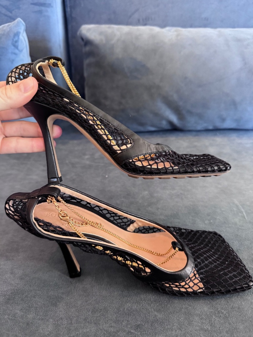 Bottega Veneta Black Mesh Heels With Gold Chain